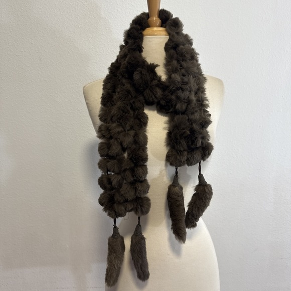 Sisters Rabbit Fur Pom Pom Scarf Womens Brown 100% Rabbit Tassel Tie Wrap Shawl